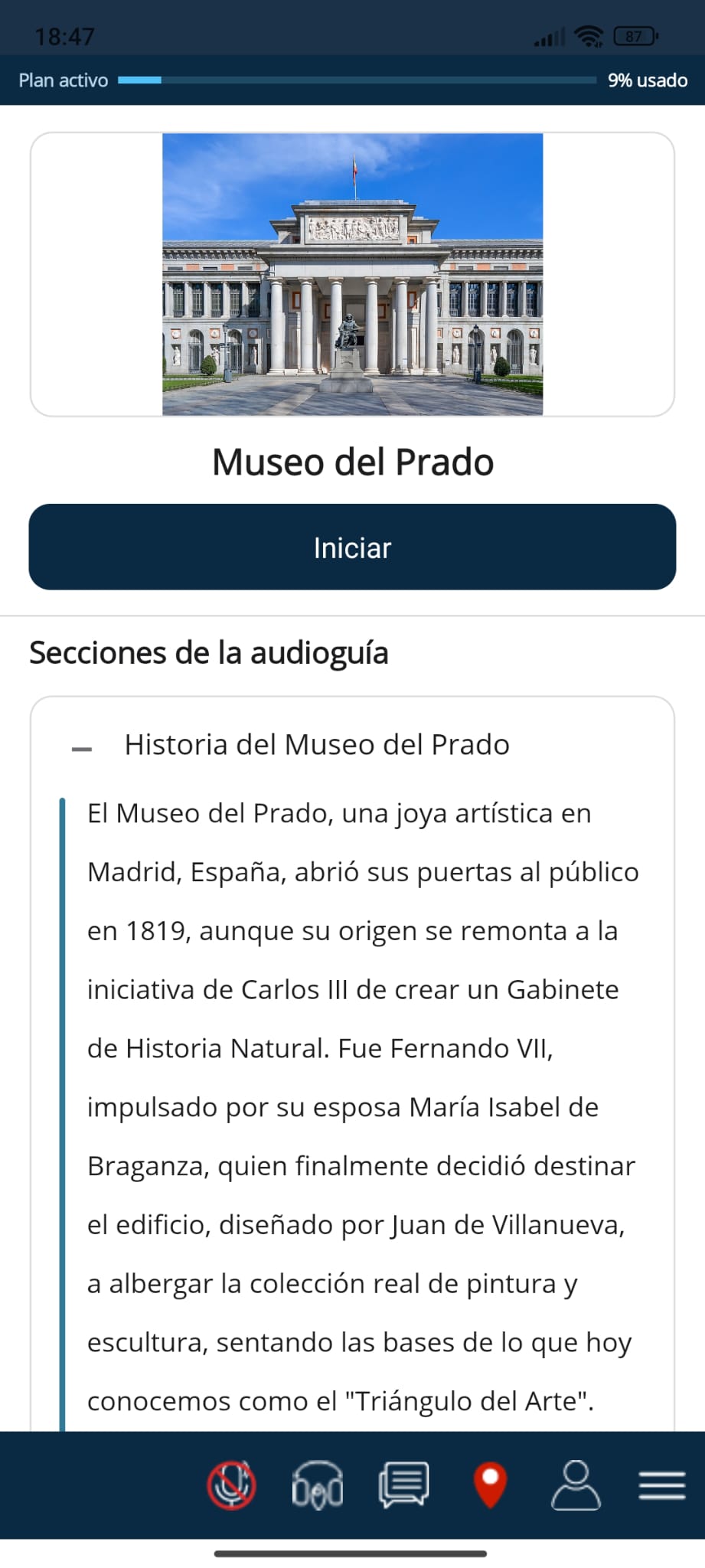 Captura de TourAI: módulo de audioguía con ficha de obra